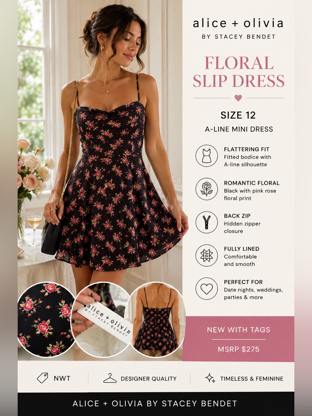 Nwt Alice + Olivia Stacey Bendet Floral Slip Dress Women 12 A-Line Mini